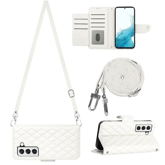 Per Samsung Galaxy S22+ 5G Custodia per telefono in pelle con texture rombica con cordino lungo (Bianco)