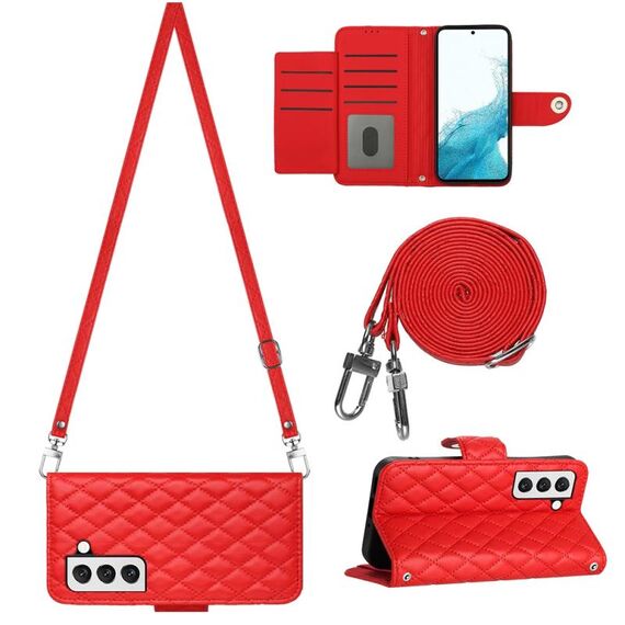Custodia per cellulare in pelle con texture rombica per Samsung Galaxy S22 5G con cordino lungo (rosso)