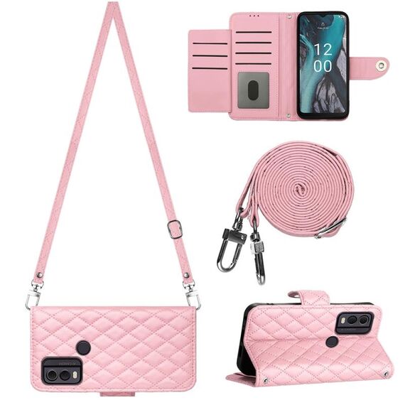 Custodia per cellulare in pelle con texture rombica per Nokia C22 con cordino lungo (rosa)