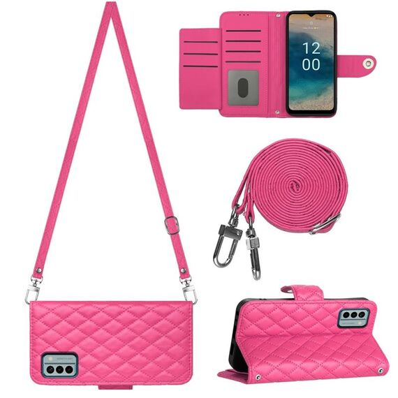 Custodia per cellulare in pelle con texture rombica per Nokia G22 con cordino lungo (rosa rossa)