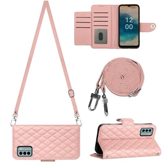 Custodia per cellulare in pelle con texture rombica per Nokia G22 con cordino lungo (rosa corallo)