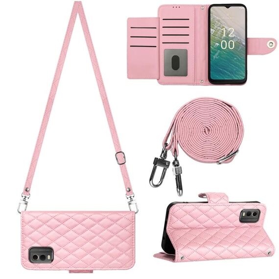 Custodia per cellulare in pelle con texture rombica per Nokia C32 con cordino lungo (rosa)