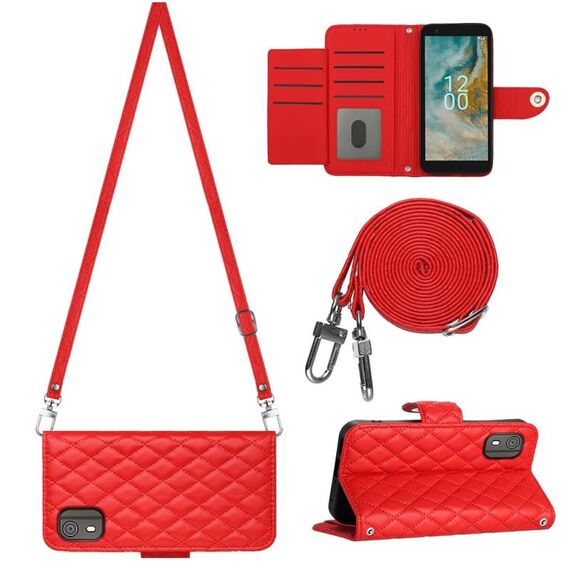 Custodia per cellulare in pelle con texture rombica per Nokia C02 con cordino lungo (rosso)