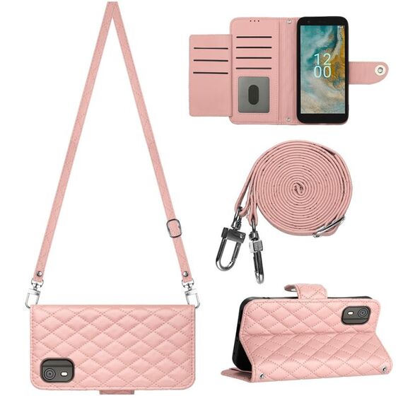 Custodia per cellulare in pelle con texture rombica per Nokia C02 con cordino lungo (rosa corallo)