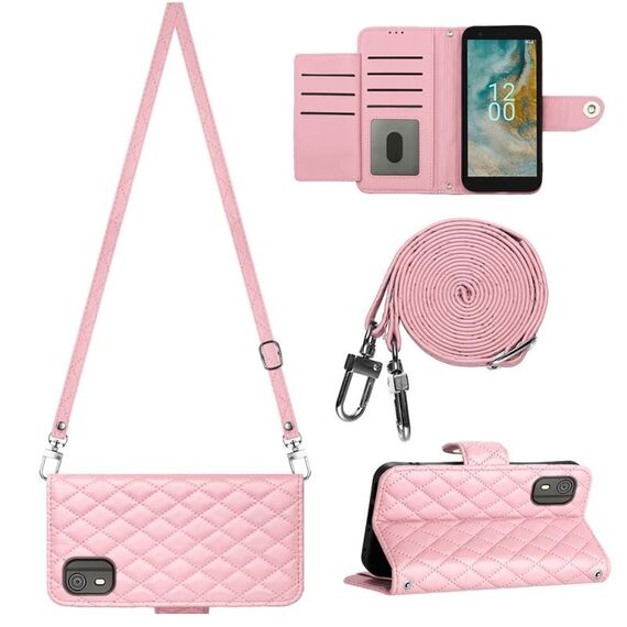 Custodia per cellulare in pelle con texture rombica per Nokia C02 con cordino lungo (rosa)