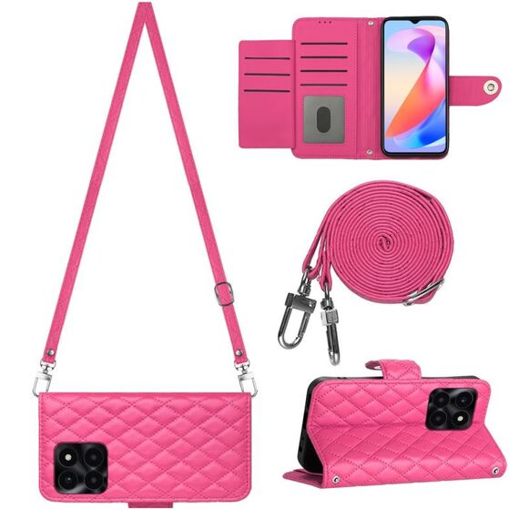 Custodia per cellulare in pelle con texture rombica per Honor X6a con cordino lungo (rosa rossa)