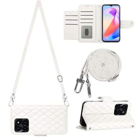 Custodia per telefono in pelle Flip con texture rombica per Honor X6a con cordino lungo (bianco)
