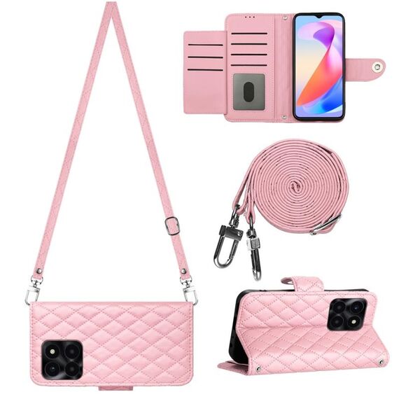 Custodia per cellulare in pelle con texture rombica per Honor X6a con cordino lungo (rosa)