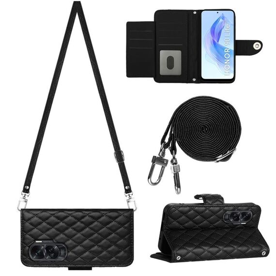 Per Honor 90 Lite Custodia per cellulare in pelle con texture rombica con cordino lungo (nero)