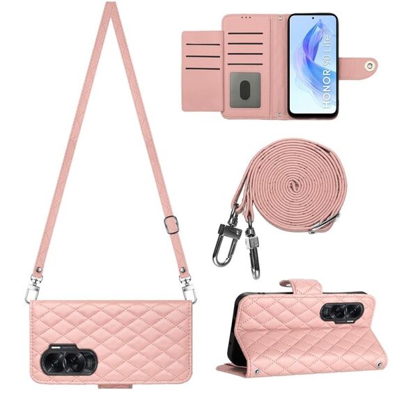 Per Honor 90 Lite Custodia per cellulare in pelle con texture rombica con cordino lungo (rosa corallo)