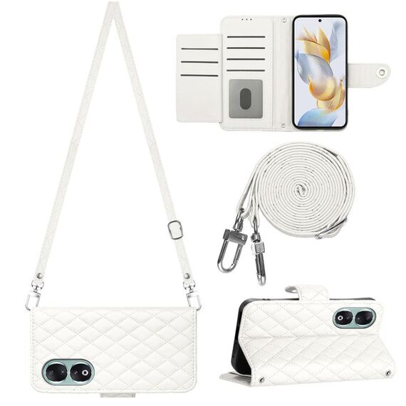 Per Honor 90 Custodia per cellulare in pelle con texture rombica con cordino lungo (bianco)