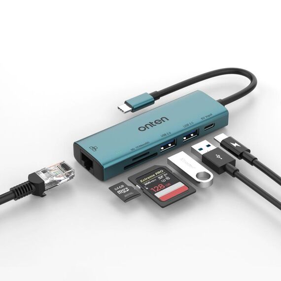 Onten UC122 6 in 1 da USB-C/Tipo-C a SD + TF + scheda + HUB USB 3.0 con ingresso 5 V e scheda di rete 100 Mbps