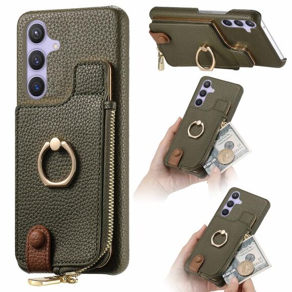 Per Samsung Galaxy S24+ 5G Litchi Pelle Olio Bordo Anello Cerniera Portafoglio Custodia posteriore per telefono(Verde)