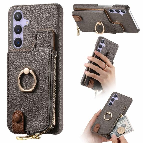 Per Samsung Galaxy S24+ 5G Litchi Pelle Olio Bordo Anello Cerniera Portafoglio Custodia per telefono posteriore (Grigio)