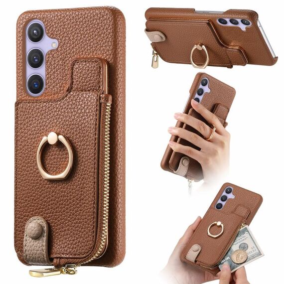 Per Samsung Galaxy S24 5G Litchi Pelle Olio Bordo Anello Cerniera Portafoglio Custodia per telefono posteriore (Marrone)