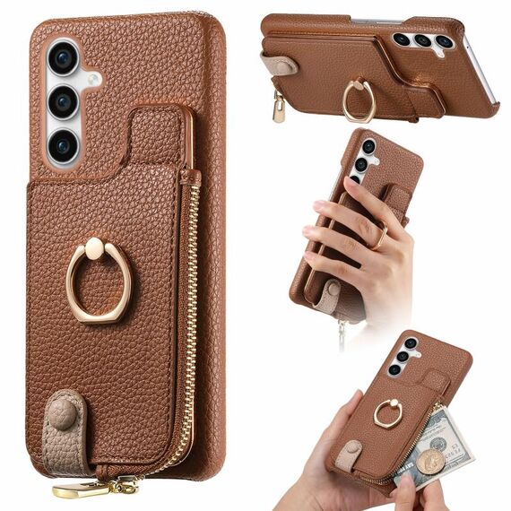 Per Samsung Galaxy S23 FE 5G Litchi Pelle Olio Bordo Anello Cerniera Portafoglio Custodia per telefono posteriore (Marrone)