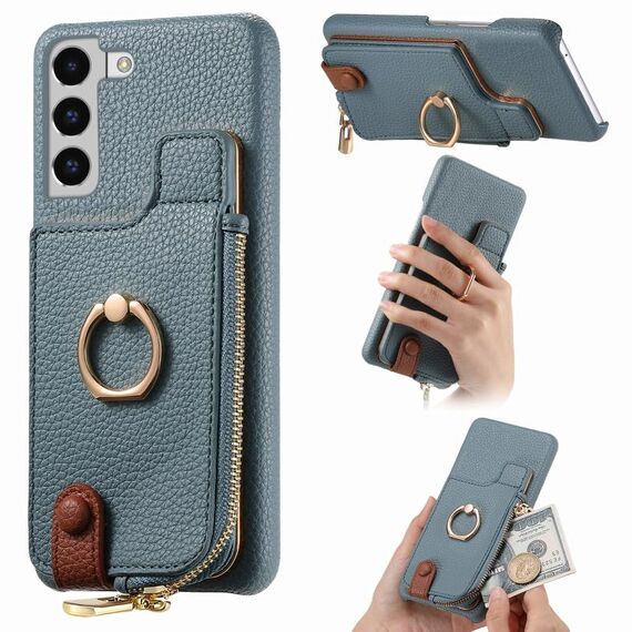 Per Samsung Galaxy S22 5G Litchi Pelle Olio Bordo Anello Cerniera Portafoglio Custodia posteriore per telefono(Blu)