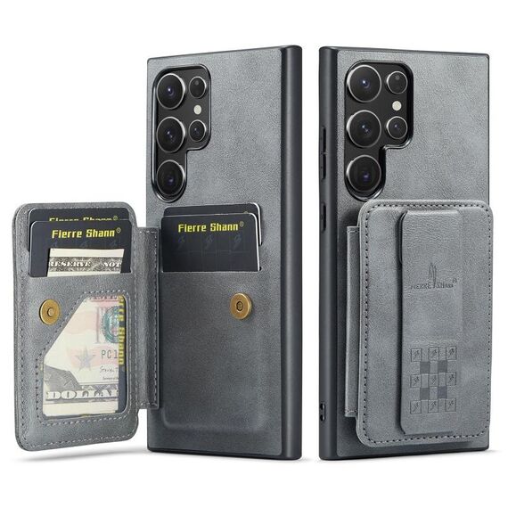 Per Samsung Galaxy S22 Ultra 5G Fierre Shann Porta carte di credito in pelle di mucca con cera d'olio Custodia posteriore per telefono (grigio)