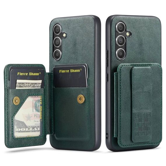 Per Samsung Galaxy A25 5G Fierre Shann Porta carte di credito in pelle di mucca con cera d'olio Custodia posteriore per telefono (verde)