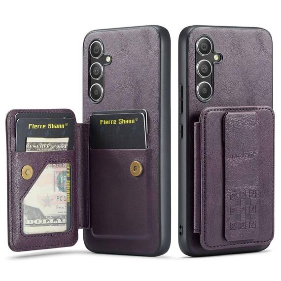 Per Samsung Galaxy A25 5G Fierre Shann Porta carte di credito in pelle di mucca con cera d'olio Custodia posteriore per telefono (viola)