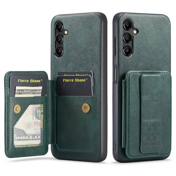 Per Samsung Galaxy A35 5G Fierre Shann Porta carte di credito in pelle di mucca con cera d'olio Custodia posteriore per telefono (verde)