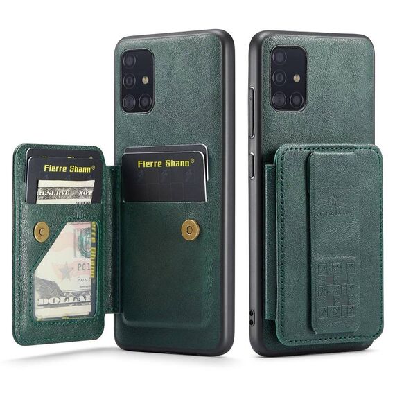 Per Samsung Galaxy A51 4G Fierre Shann Porta carte di credito in pelle di mucca con cera d'olio Custodia posteriore per telefono (verde)