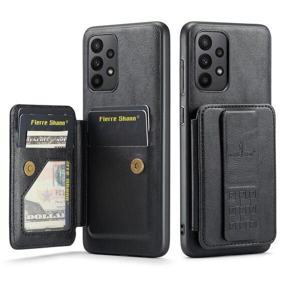 Per Samsung Galaxy A72 5G/4G Fierre Shann Porta carte di credito in pelle di mucca con cera d'olio Custodia posteriore per telefono (nero)