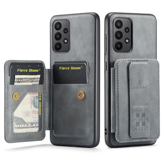 Per Samsung Galaxy A72 5G/4G Fierre Shann Porta carte di credito in pelle di mucca con cera d'olio Custodia posteriore per telefono (grigio)