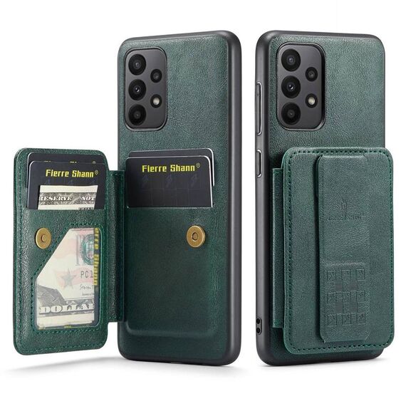 Per Samsung Galaxy A53 5G Fierre Shann Porta carte di credito in pelle di mucca con cera d'olio Custodia posteriore per telefono (verde)