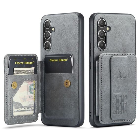 Per Samsung Galaxy A54 5G Fierre Shann Porta carte di credito in pelle di mucca con cera d'olio Custodia posteriore per telefono (grigio)