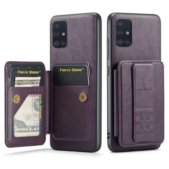 Per Samsung Galaxy A71 4G Fierre Shann Porta carte di credito in pelle di mucca con cera d'olio Custodia posteriore per telefono (viola)