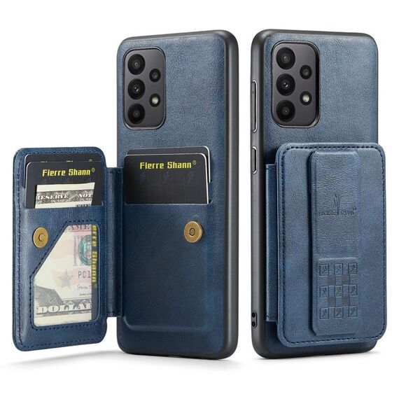 Per Samsung Galaxy A73 Fierre Shann Porta carte di credito in pelle di mucca con cera d'olio Custodia posteriore per telefono (blu)