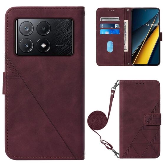 Per Xiaomi Redmi K70E Custodia a tracolla in pelle con vibrazione 3D in rilievo (vino rosso)