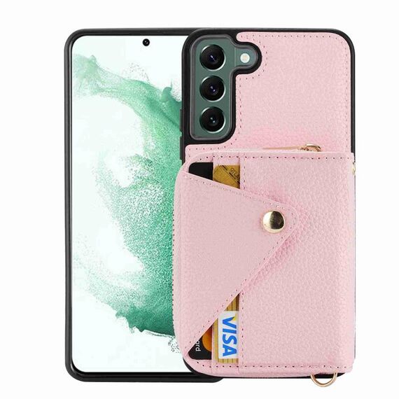 Per Samsung Galaxy S22 5G Custodia per carta con cerniera a tracolla RFID Custodia antifurto per telefono (rosa)