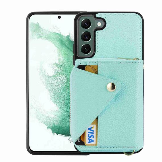 Per Samsung Galaxy S22+ 5G Borsa per carte con cerniera a tracolla Custodia antifurto RFID per telefono (verde menta)
