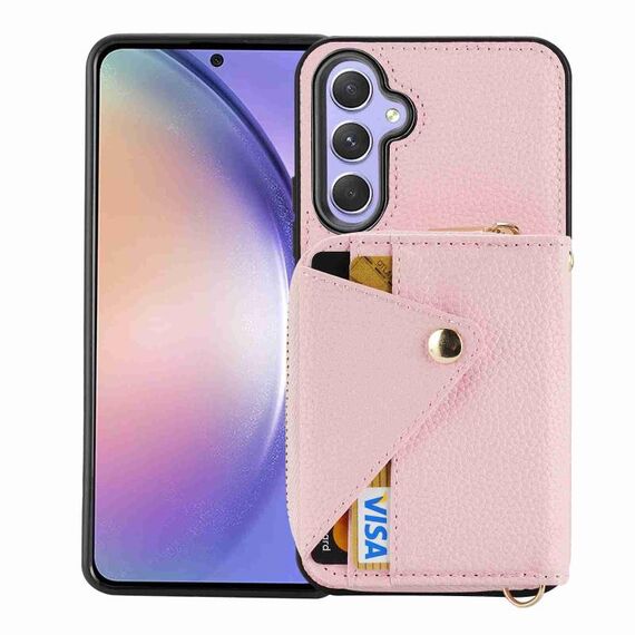 Per Samsung Galaxy S23 FE 5G Custodia per carta con cerniera a tracolla RFID Custodia antifurto per telefono (rosa)