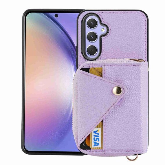 Per Samsung Galaxy S23 FE 5G Borsa per carte con cerniera a tracolla Custodia per telefono antifurto RFID (viola)