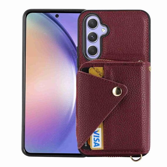 Per Samsung Galaxy S23 FE 5G Custodia per carta con cerniera a tracolla RFID Custodia antifurto per telefono (vino rosso)