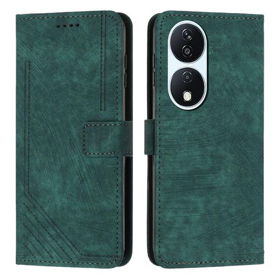 Custodia per telefono in pelle con motivo a strisce Skin Feel per Honor X7b con cordino (verde)