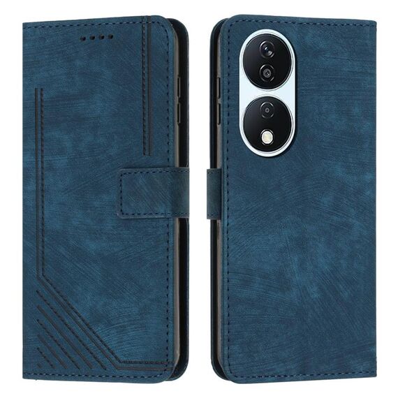 Per Honor X7b Custodia per telefono in pelle con motivo a strisce Skin Feel con cordino (blu)