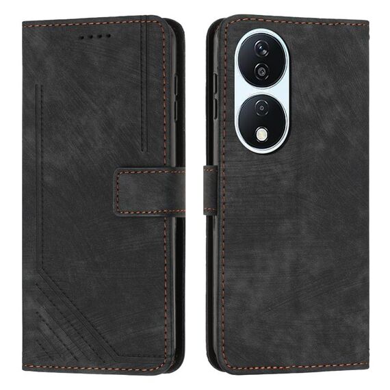 Per Honor X7b Custodia per telefono in pelle con motivo a strisce Skin Feel con cordino (nero)