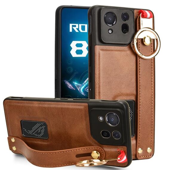 Custodia per telefono posteriore in pelle con cinturino per Asus ROG Phone 8 Pro (marrone)