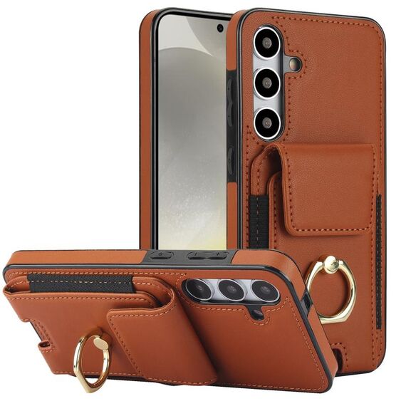 Per Samsung Galaxy S24+ 5G Custodia per telefono con supporto ad anello per porta carte elastica (marrone)