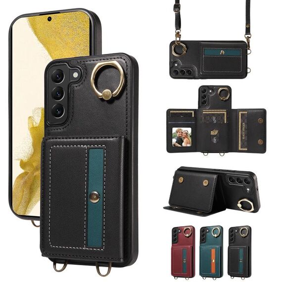 Per Samsung Galaxy S22+ 5G Borsa a tracolla con portafoglio Porta anello Custodia in pelle per telefono (Nero)