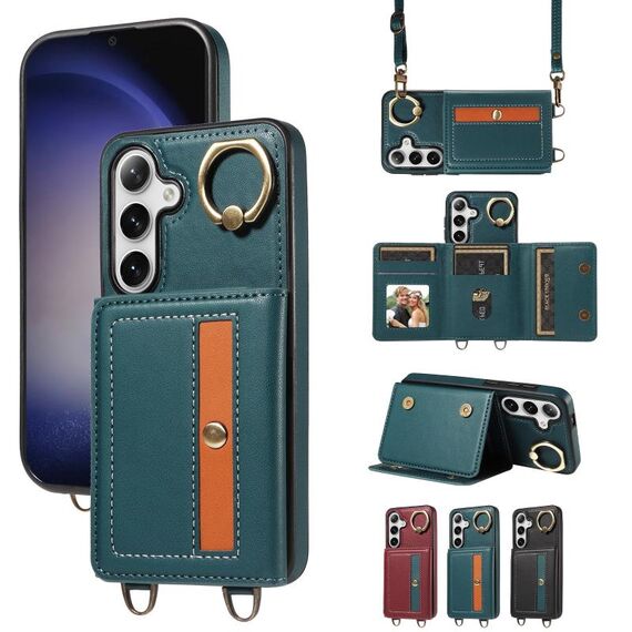 Per Samsung Galaxy S24+ 5G Borsa a portafoglio con tracolla Custodia ad anello in pelle per telefono(Verde)