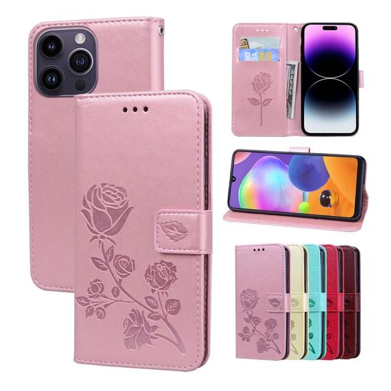 Custodia per telefono in pelle PU con vibrazione rosa goffrata per iPhone 15 Pro Max (oro rosa)