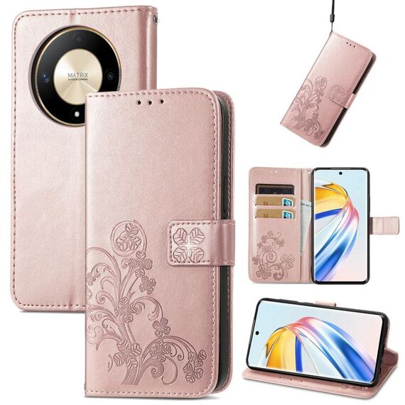 Custodia per telefono in pelle goffrata con chiusura a quattro foglie per Honor X9b (oro rosa)