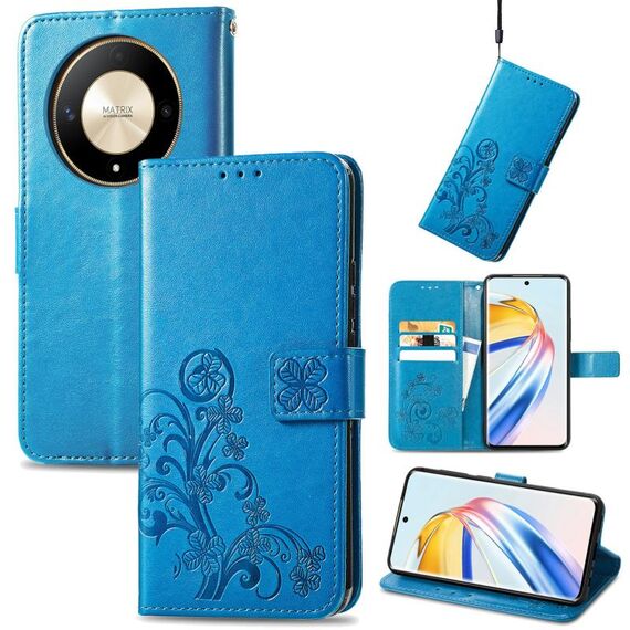 Custodia per telefono in pelle goffrata con chiusura a quattro foglie per Honor X9b (blu)