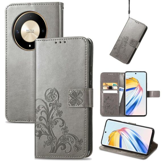 Custodia per telefono in pelle goffrata con chiusura a quattro foglie per Honor X9b (grigio)