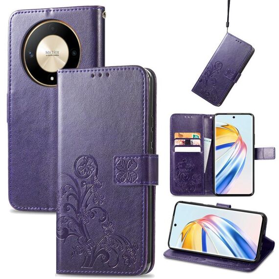 Custodia per telefono in pelle goffrata con chiusura a quattro foglie per Honor X9b (viola)